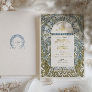 Invitación Con Relieve Metalizado Arte Nouveau Mucha de Flor de Maíz Azul Polvorient