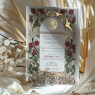 Invitación Con Relieve Metalizado Arte Nuevo de boda islámico de Borgoña Mucha