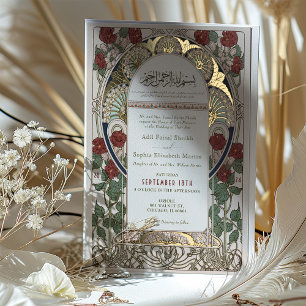 Invitación Con Relieve Metalizado Arte Nuevo de boda islámico de Borgoña Mucha