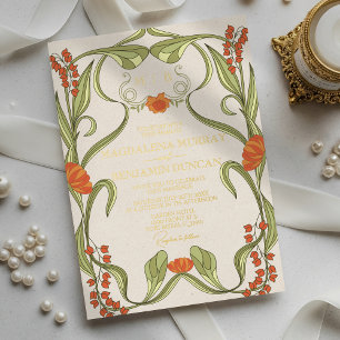 Invitación Con Relieve Metalizado Arte Nuevo Elegante Vintage Floral Marco Boda
