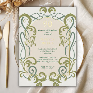 Invitación Con Relieve Metalizado Arte Nuevo floral elegante vintage cumpleaños 90