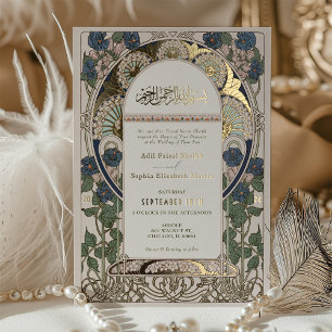 Invitación Con Relieve Metalizado Arte Nuevo islámico boda azul marino Mucha