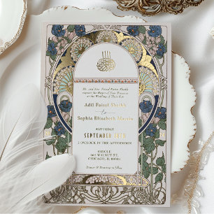 Invitación Con Relieve Metalizado Arte Nuevo islámico boda azul marino Mucha