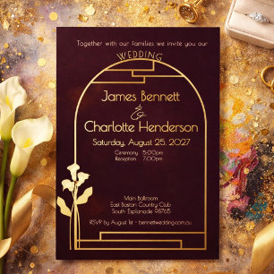 Invitación Con Relieve Metalizado Arte Nuevo Minimalista Arco de Oro Lirio Bodas de 