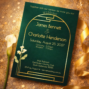 Invitación Con Relieve Metalizado Arte Nuevo Minimalista Arco Dorado Lirio Verde Bod