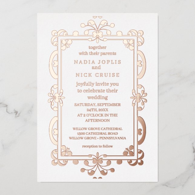 Invitación Con Relieve Metalizado arte romántico boda rosa oro (Anverso)