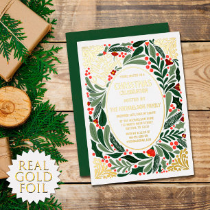 Invitación Con Relieve Metalizado Artes Elegantes Florales Navideñas de Hoja Dorada