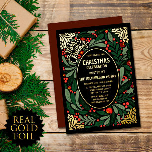 Invitación Con Relieve Metalizado Artes Elegantes Florales Navideñas de Hoja en Oro