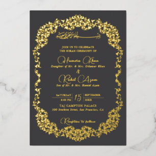 Invitación Con Relieve Metalizado Artístico Carbón Dorado Floral Paisley Musulmán Bo