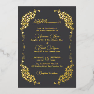 Invitación Con Relieve Metalizado Artístico Carbón Dorado Floral Paisley Musulmán We