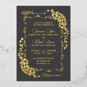 Invitación Con Relieve Metalizado Artístico Carboncillo Dorado Floral Paisley Musulm