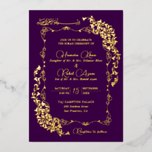 Invitación Con Relieve Metalizado Artístico Púrpura Dorado Floral Paisley Boda Musul