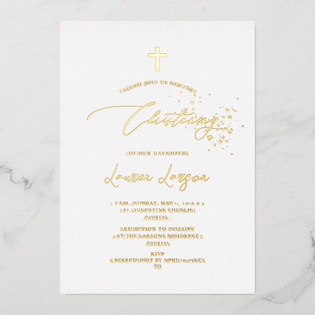 Invitación Con Relieve Metalizado ArtsApp Elegant Faux Gold Caligraphy Christening (Anverso)