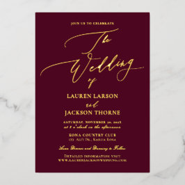 Invitación Con Relieve Metalizado ArtsApp Luxe Caligrafía Burgundy Oro