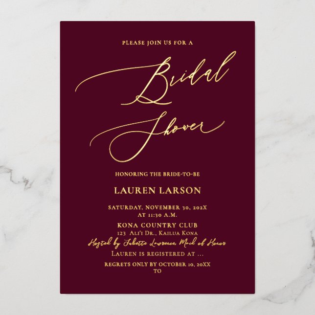 Invitación Con Relieve Metalizado ArtsApp Luxe Calligraphy Burgundy Gold (Anverso)