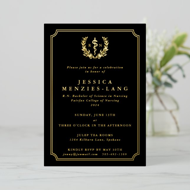 Invitación Con Relieve Metalizado Asclepius de enfermería negra registrada y Laurel  (Anverso de pie)