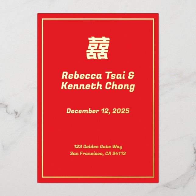 Invitación Con Relieve Metalizado asian american wedding invitation - double happine (Anverso)