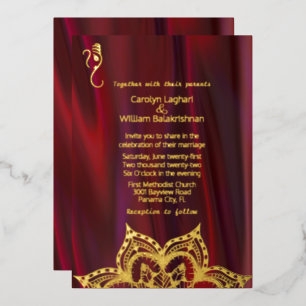 Invitación Con Relieve Metalizado Aspecto de seda rubí con boda Mandala y Ganesha