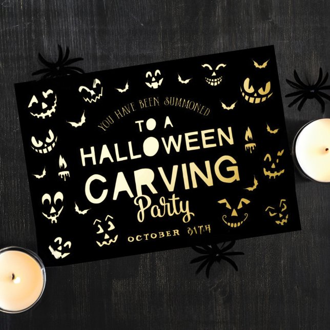 Invitación Con Relieve Metalizado Asustado Jack O Lantern Calabaza Halloween talland (Scary Jack O Lantern Pumpkin Halloween Carving Foil Invitation)