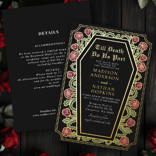 Invitación Con Relieve Metalizado Ataúd gótico de Rosa Negra Boda Todo en uno
