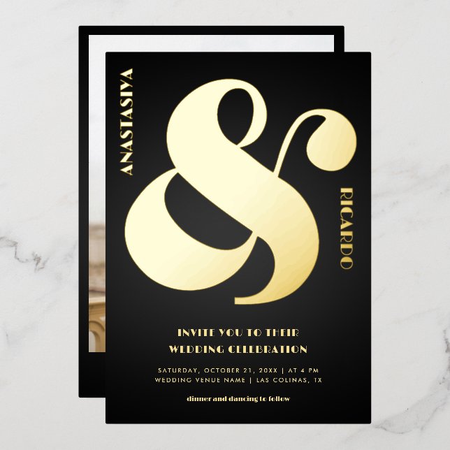 Invitación Con Relieve Metalizado Audaz Boda negro de fotos y Ampersand sobredimensi (Anverso/Reverso)