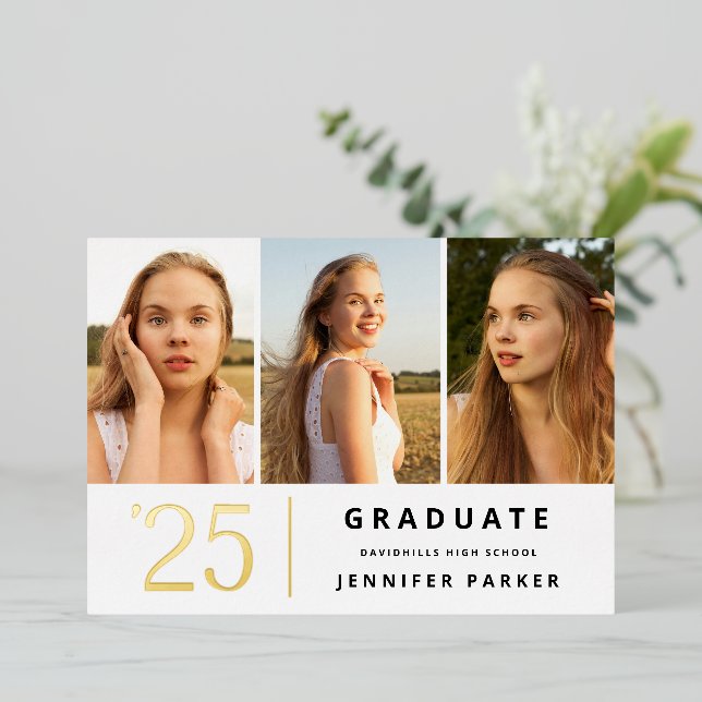 Invitación Con Relieve Metalizado Audaz graduación de fotos en el tercer año (Anverso de pie)