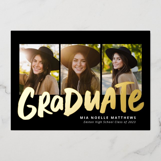 Invitación Con Relieve Metalizado Audaz graduación de oro moderno tres foto graduaci (Anverso)