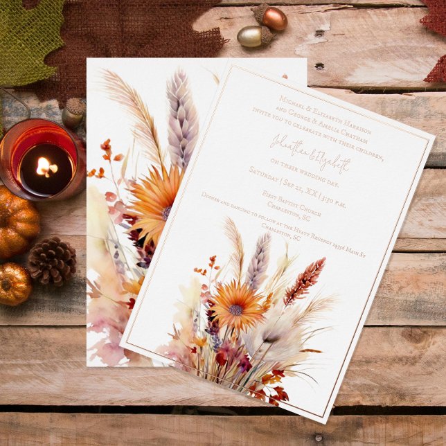 Invitación Con Relieve Metalizado Autumn Boho Floral Boda | Blanco (Autumn Boho Floral Wedding White Foil Invitation)