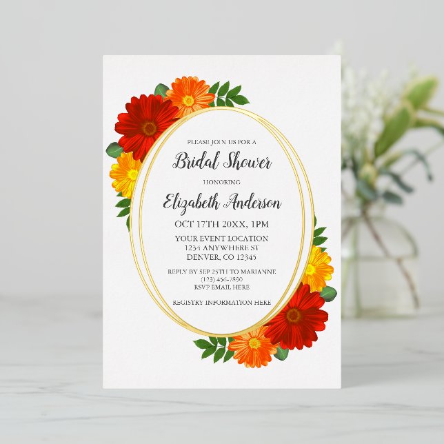 Invitación Con Relieve Metalizado Autumn Florals Bridal Shower (Anverso de pie)