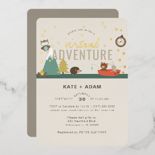 Invitación Con Relieve Metalizado Aventura Bosque Neutral Fiesta Virtual de Baby Sho