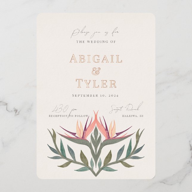 Invitación Con Relieve Metalizado Aves amorosas en el Boda del paraíso (Anverso)