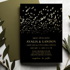 Invitación Con Relieve Metalizado Aves elegantes de una pluma negra y Boda de oro