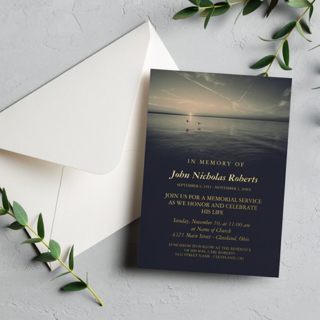 Invitación Con Relieve Metalizado Aves por Ocean Sunrise Memorial Service Gold (Subido por el creador)