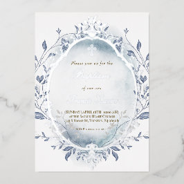 Invitación Con Relieve Metalizado azul acuarela marco plateado invierno Bautismo