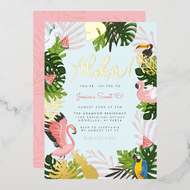 Invitación Con Relieve Metalizado Azul | Aloha Hawaii Tropical Gold Birday Party (Anverso/Reverso)