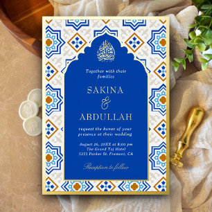 Invitación Con Relieve Metalizado Azul Azure Persa Mosaico Musulmán Boda Oro