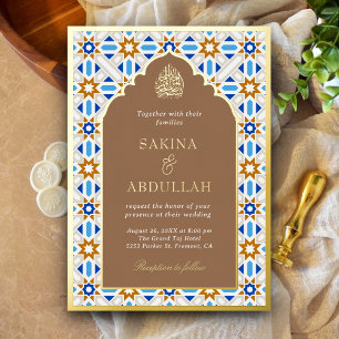 Invitación Con Relieve Metalizado Azul beige geométrico islámico musulmán boda oro