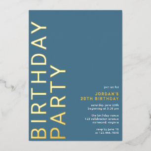 Invitación Con Relieve Metalizado Azul Cerúleo Azure   Tipografía Moderna Cumpleaños