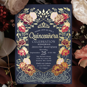 Invitación Con Relieve Metalizado Azul Encantado Jardín Floral Quinceanera