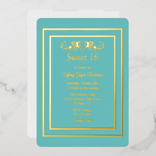 Invitación Con Relieve Metalizado Azul Huevo de Robin y Foil Dulces 16