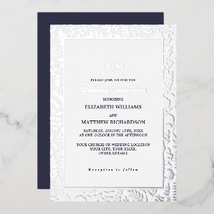 Invitación Con Relieve Metalizado Azul Marino Boda de Lujo Elegante Plata