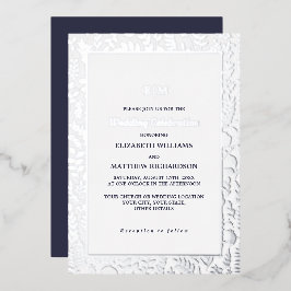 Invitación Con Relieve Metalizado Azul Marino | Boda de lujo elegante plateado