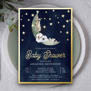 Invitación Con Relieve Metalizado Azul Marino Boho Floral Luna Estrellas Baby Shower