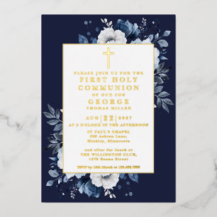 Invitación Con Relieve Metalizado Azul Marino Boho Floral Primera Comunión Dorado