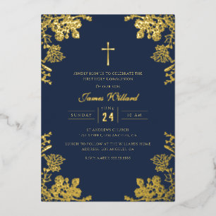 Invitación Con Relieve Metalizado Azul Marino Dorado Vintage Cruz Niños Primera Comu