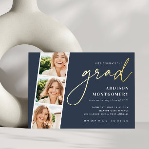 Invitación Con Relieve Metalizado Azul Marino Foto de la fiesta de graduación Gold