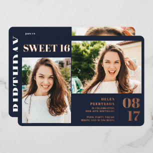 Invitación Con Relieve Metalizado Azul marino moderno negrita 3 fotos Sweet 16