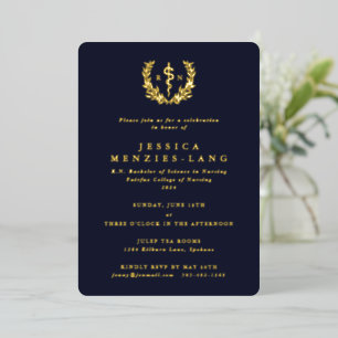 Invitación Con Relieve Metalizado Azul Marino Oscuro Enfermera Registrada Asclepio+C