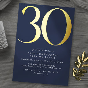 Invitación Con Relieve Metalizado Azul Marino Oscuro y Dorado   Cumpleaños 30 Modern