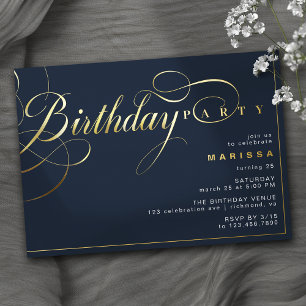 Invitación Con Relieve Metalizado Azul Marino Oscuro y Dorado   Cumpleaños Moderno V